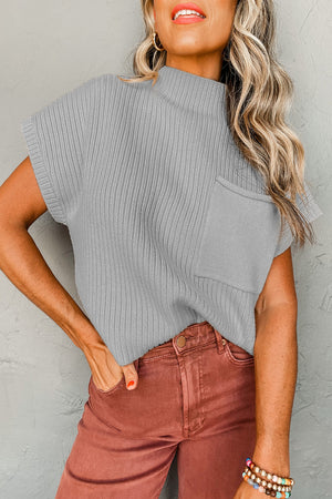 Green Patch Pocket Ribbed Knit Short Sleeve Sweater