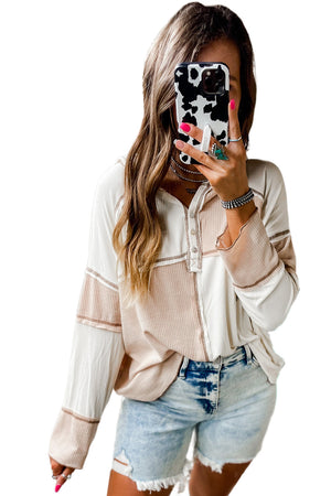 Multicolor Exposed Seam Ribbed Henley Hooded Long Sleeve Top