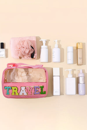 Light Pink TRAVEL Chenille Letter Clear PVC Makeup Bag