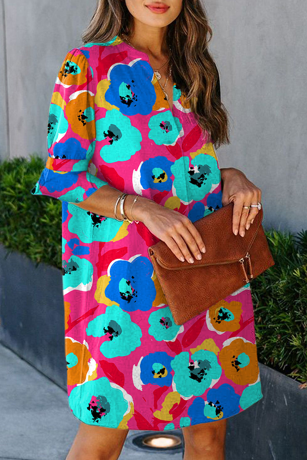 Rose Floral Print Mandarin Collar Short Sleeve Tunic Dress