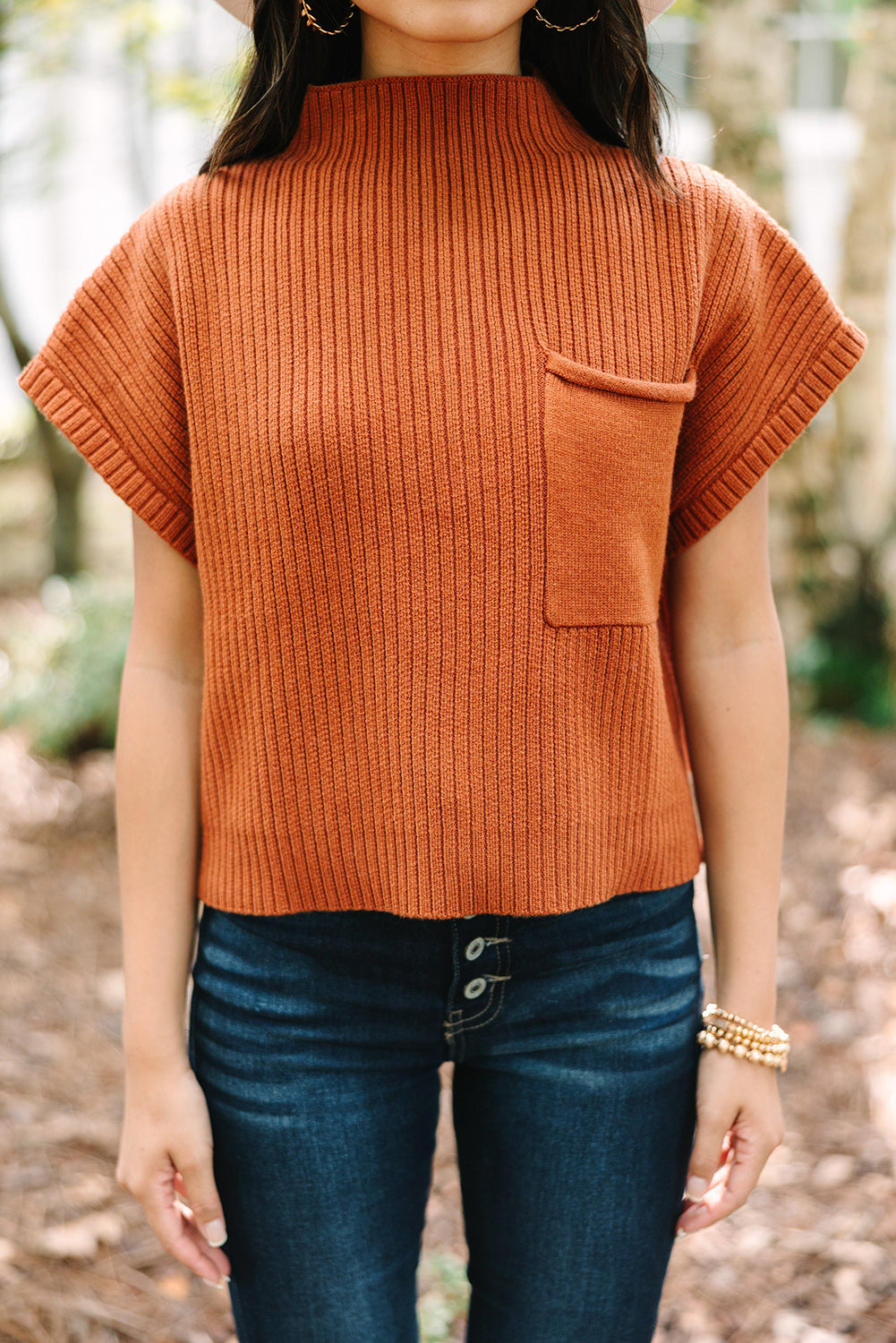 Green Patch Pocket Ribbed Knit Short Sleeve Sweater