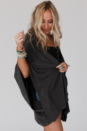 Black Textured Lace Trim Open Front Kimono Cardigan