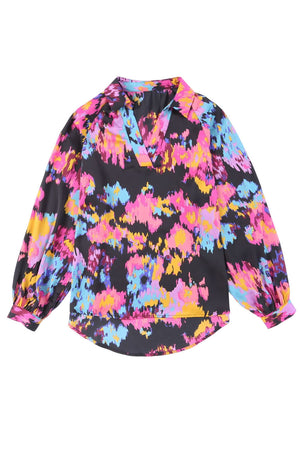 Green Graffiti Colorblock Casual V Neck Puff Sleeve Blouse