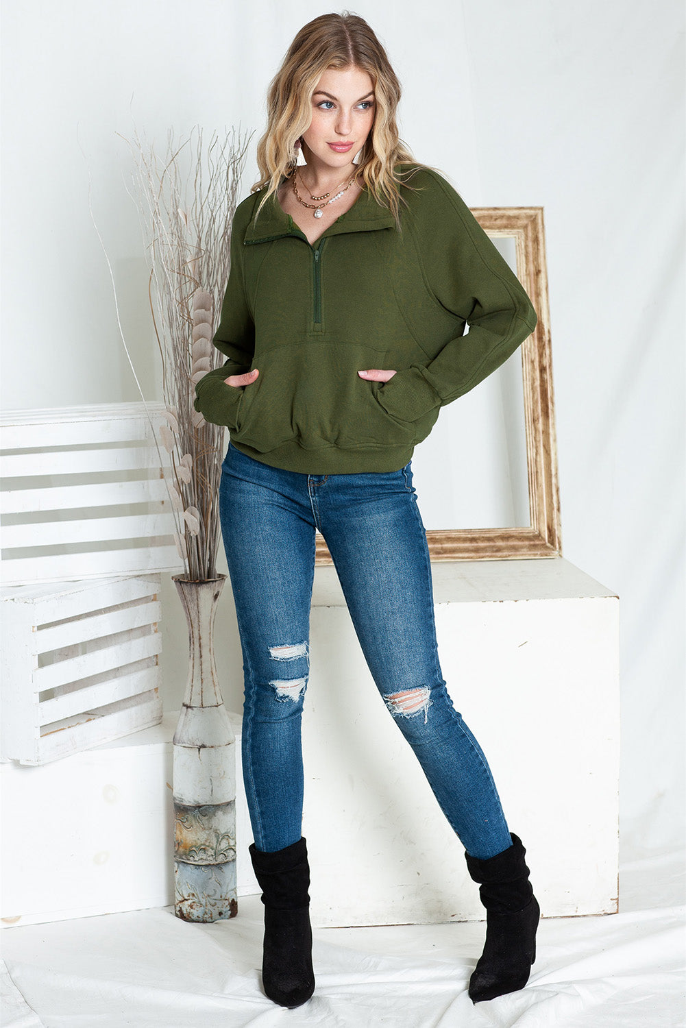 Green Zip Up Stand Collar Ribbed Thumbhole Sleeve Sweatshirt