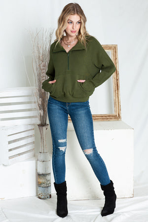 Green Zip Up Stand Collar Ribbed Thumbhole Sleeve Sweatshirt
