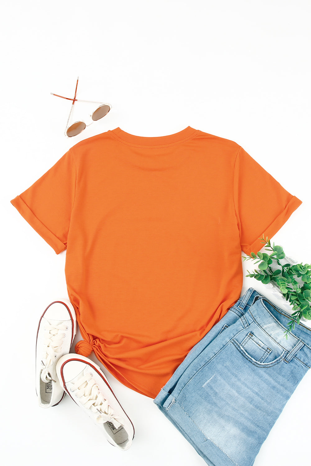 Green Plain Solid Color Crew Neck Tee
