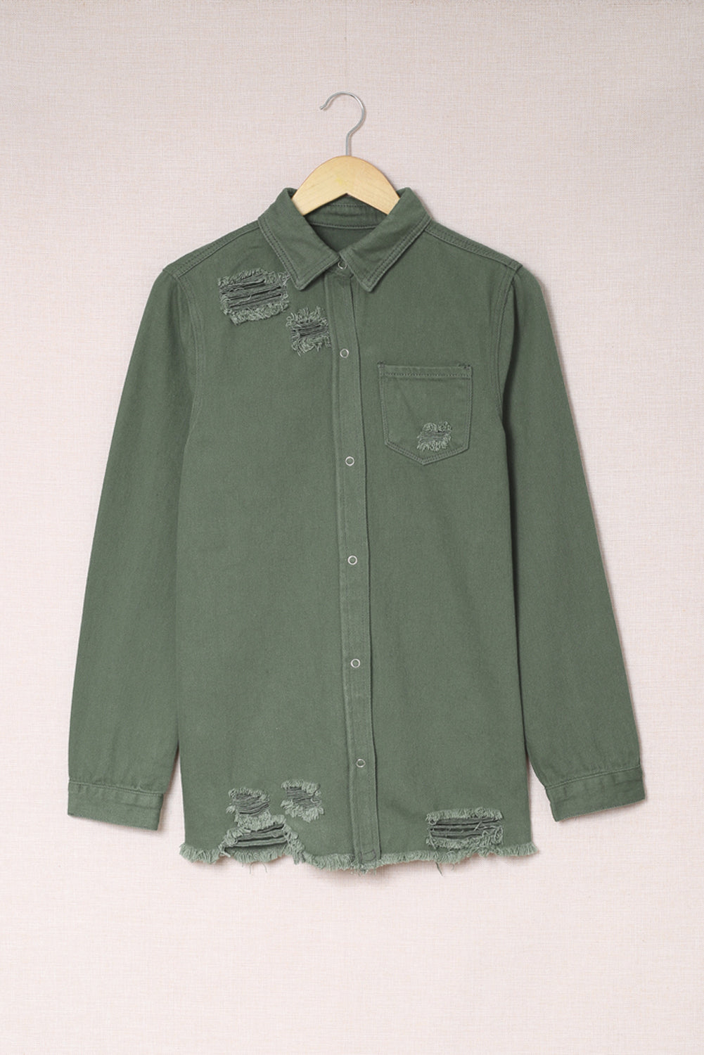 Green Casual Ripped Raw Hem Button Up Denim Shacket