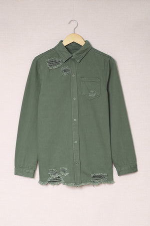 Green Casual Ripped Raw Hem Button Up Denim Shacket