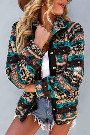 Black Geometric Colorblock Colorblock Snap Button Sherpa Jacket