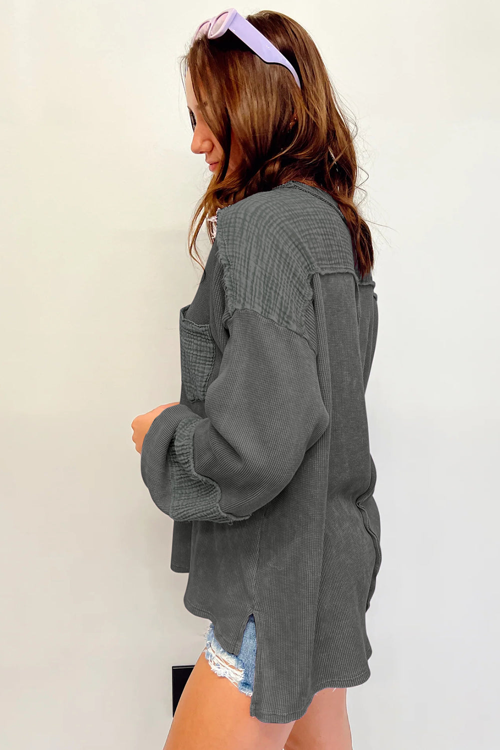 Black Waffle and Crinkle Patchwork Long Sleeve Top