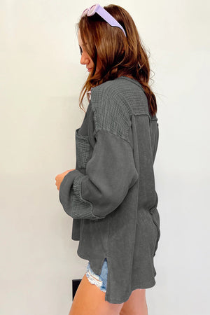 Black Waffle and Crinkle Patchwork Long Sleeve Top