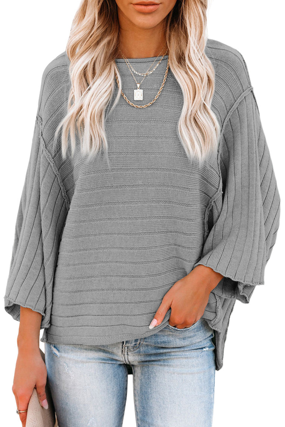 Apricot Solid Color Ribbed Knit 3/4 Sleeve Pullover Sweater