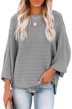 Apricot Solid Color Ribbed Knit 3/4 Sleeve Pullover Sweater