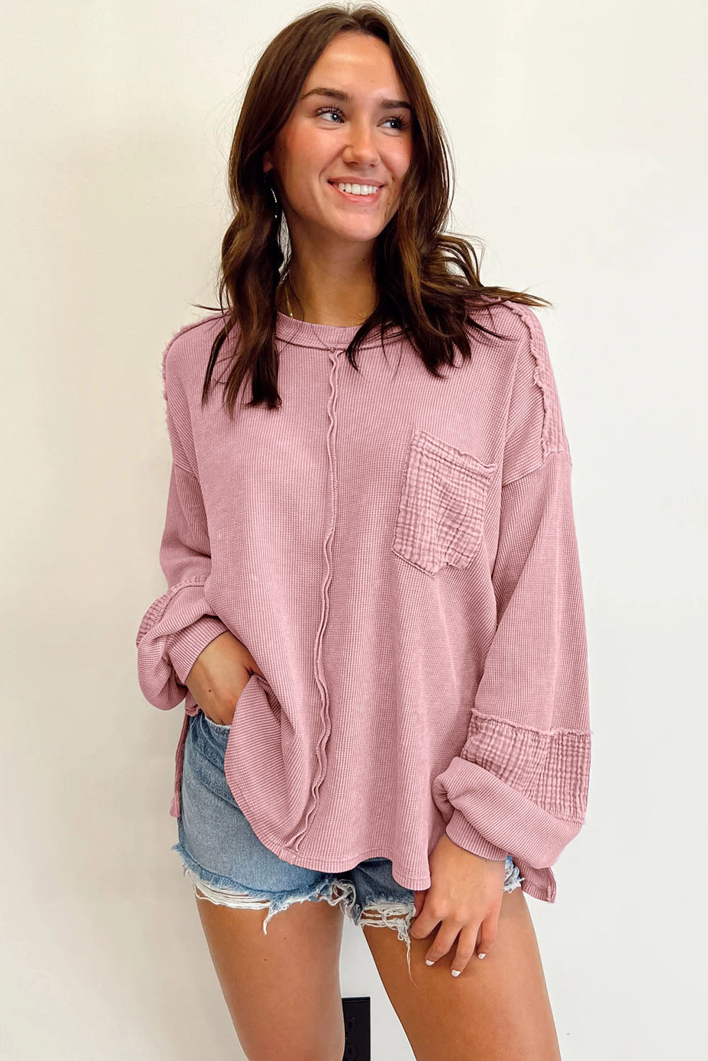 Black Waffle and Crinkle Patchwork Long Sleeve Top