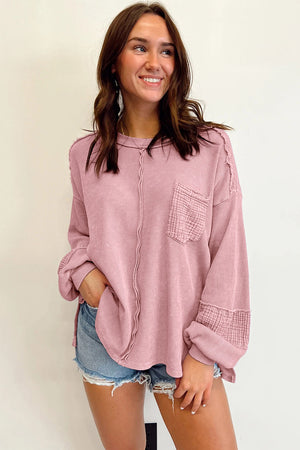 Black Waffle and Crinkle Patchwork Long Sleeve Top