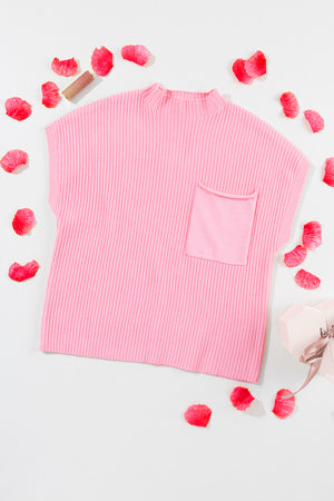 Green Patch Pocket Ribbed Knit Short Sleeve Sweater