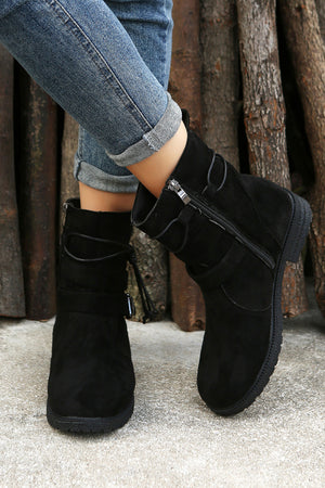 Black Faux Suede Zip Up Buckle Straps Ankle Boots