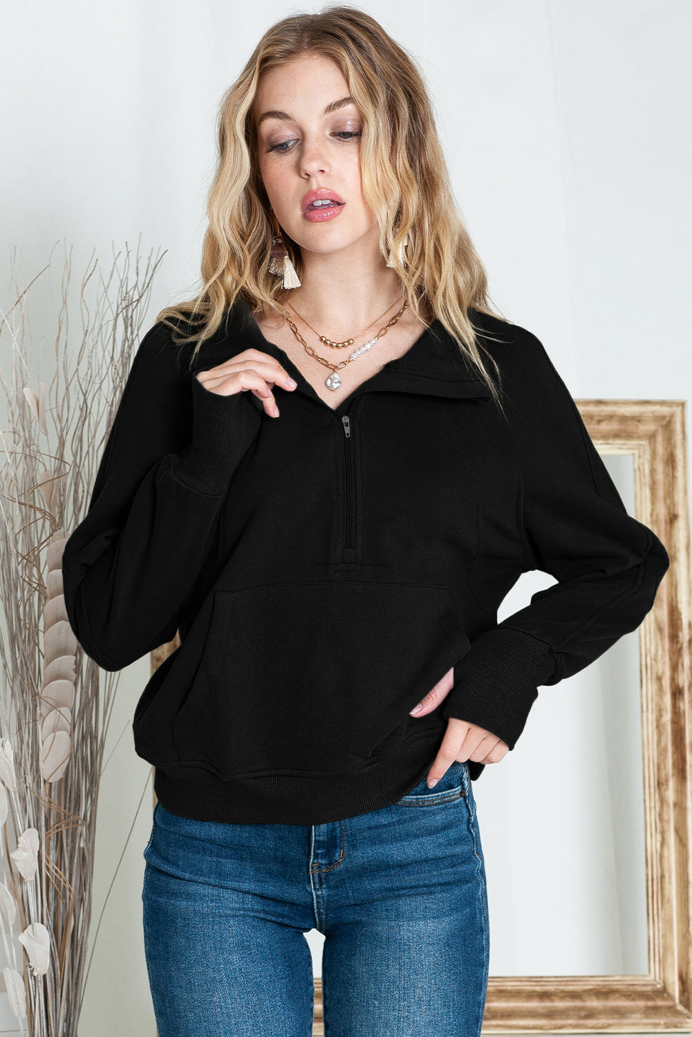 Green Zip Up Stand Collar Ribbed Thumbhole Sleeve Sweatshirt