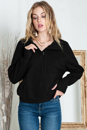 Green Zip Up Stand Collar Ribbed Thumbhole Sleeve Sweatshirt