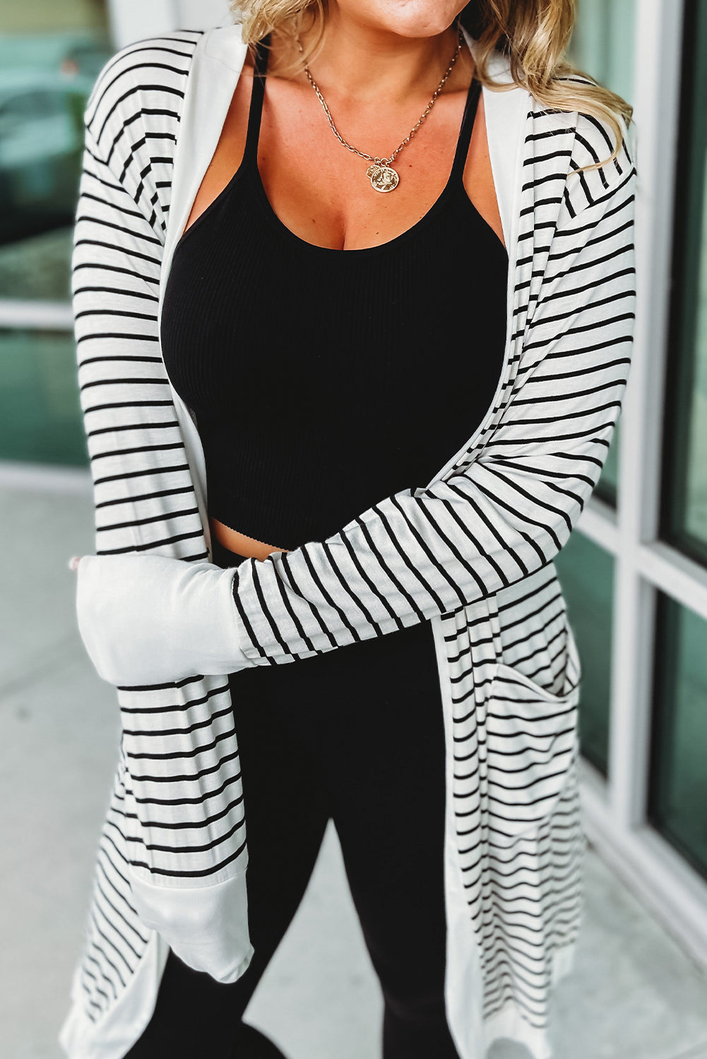 Brown Striped Side Pockets Open Front Long Cardigan