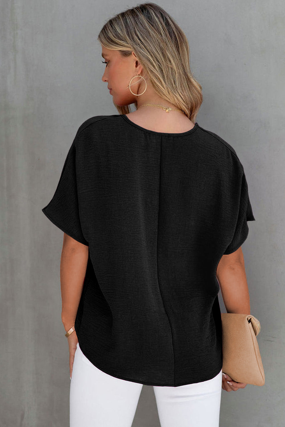 Pink Solid V Neck Textured Short Sleeve Plain Blouse