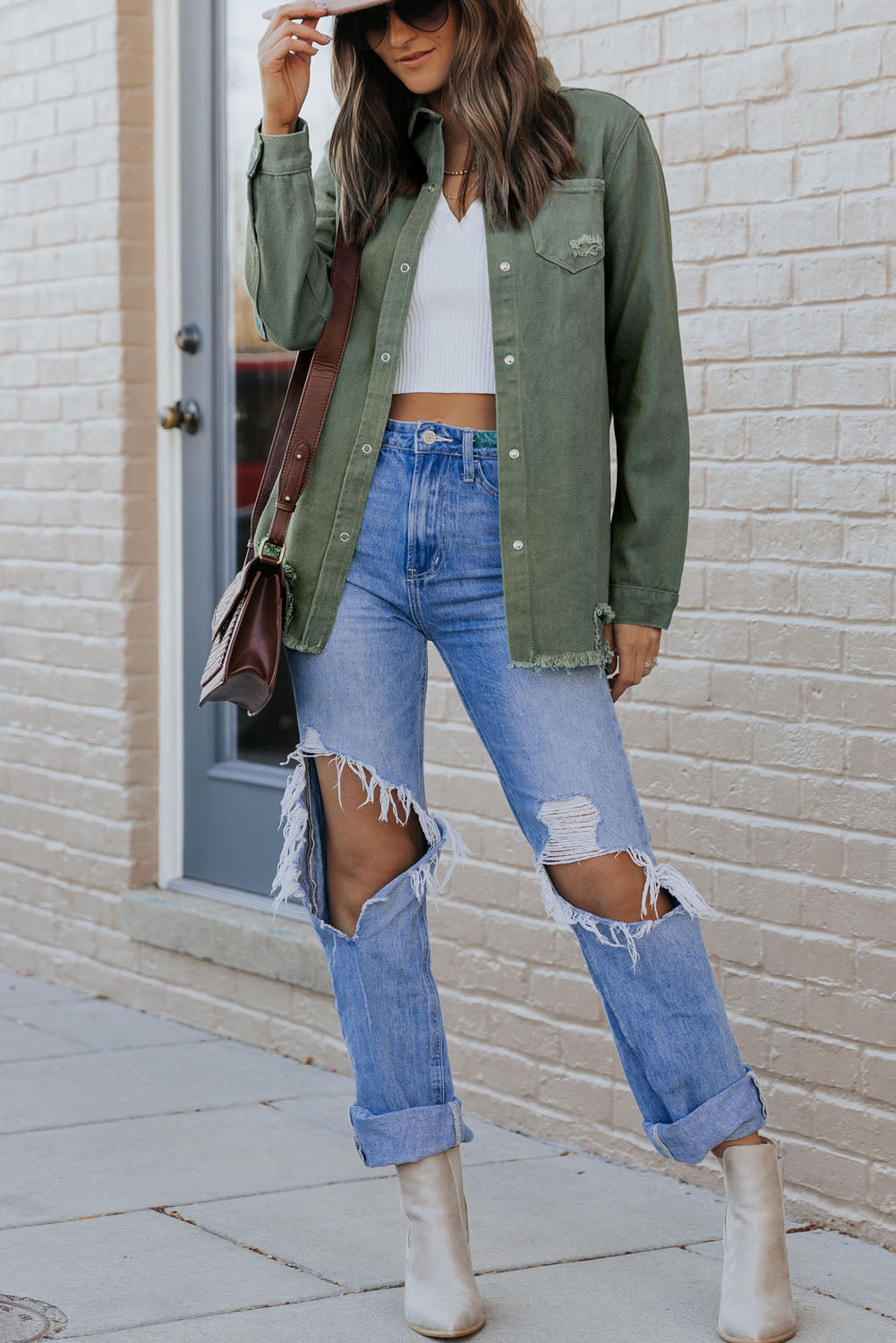 Green Casual Ripped Raw Hem Button Up Denim Shacket