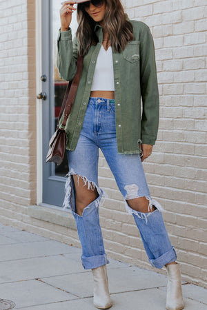 Green Casual Ripped Raw Hem Button Up Denim Shacket