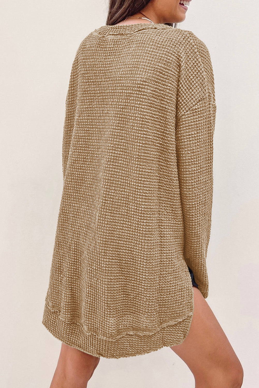 Black Plain Waffle Knit Drop Sleeve Side Slits Oversized Top