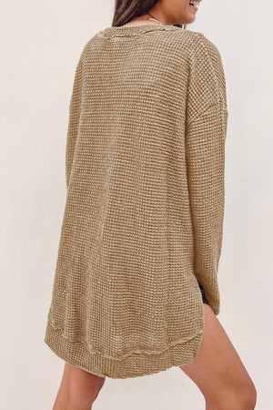 Black Plain Waffle Knit Drop Sleeve Side Slits Oversized Top