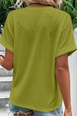 Black Button V Neck Eyelet Solid Color Blouse