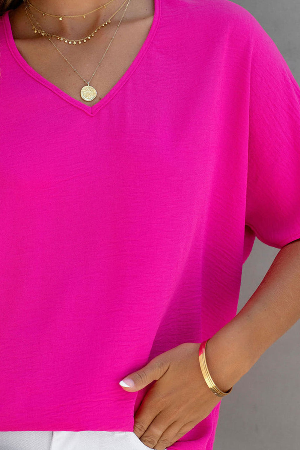 Pink Solid V Neck Textured Short Sleeve Plain Blouse