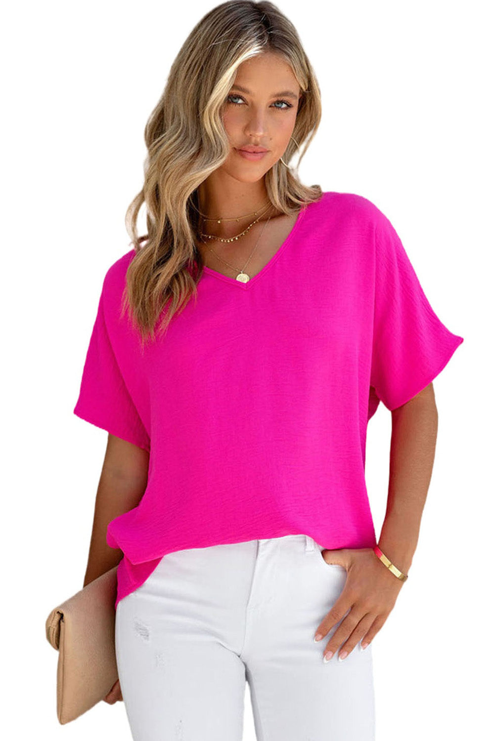 Pink Solid V Neck Textured Short Sleeve Plain Blouse