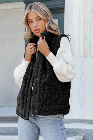Green Snap Button Collared Stand Neck Sherpa Vest