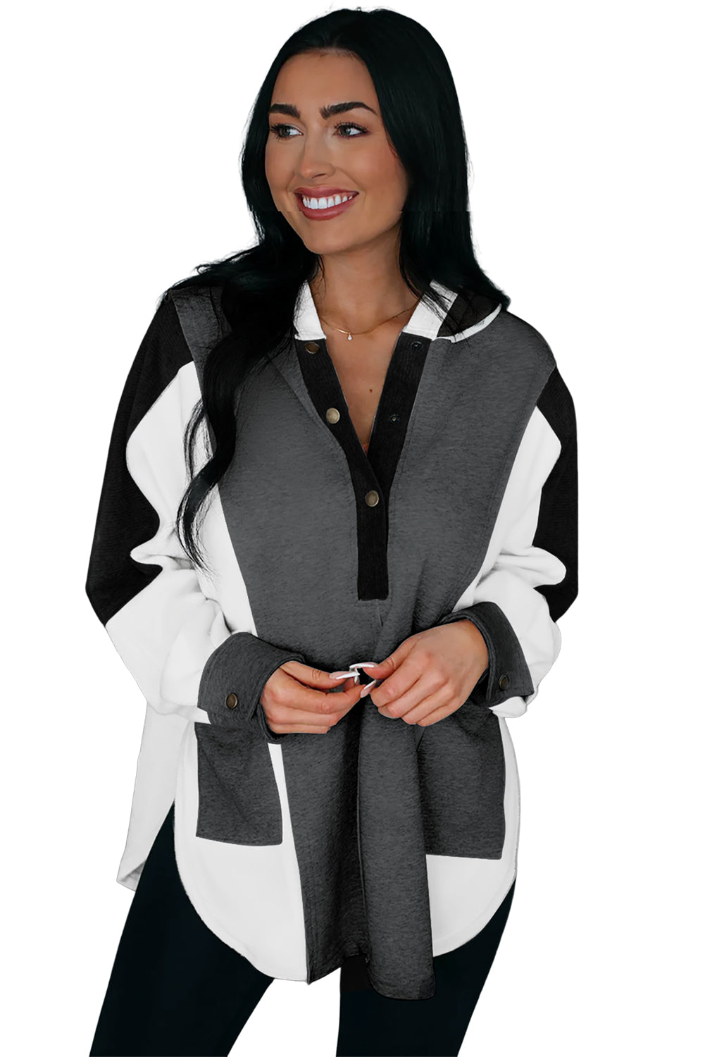 Grey Color Block Snap Button Exposed Seam Pullover Hoodie