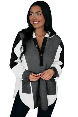 Grey Color Block Snap Button Exposed Seam Pullover Hoodie