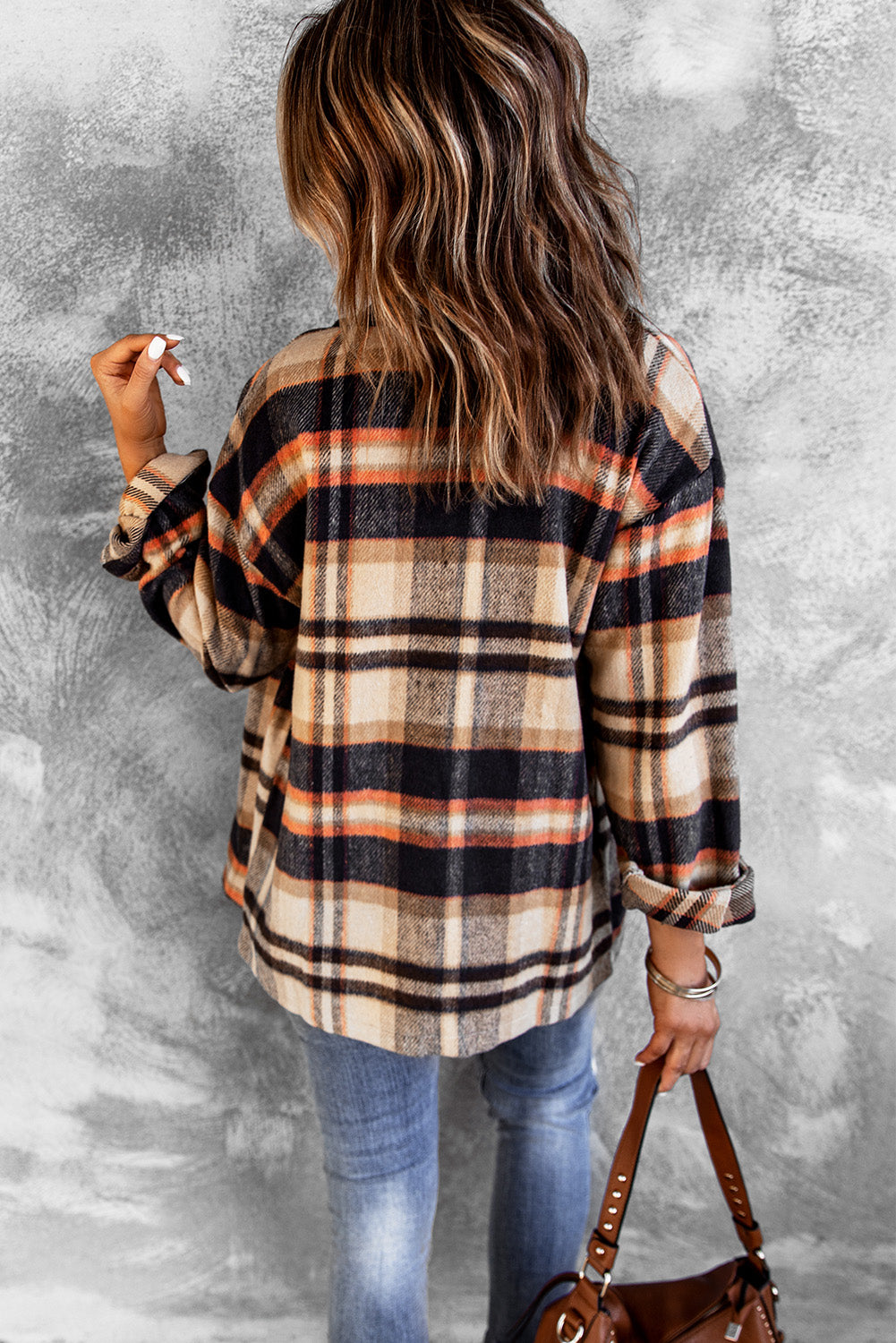 Brown Plaid Button Up Long Sleeve Flannel Jacket