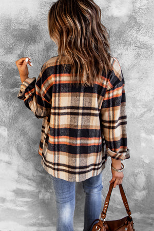 Brown Plaid Button Up Long Sleeve Flannel Jacket