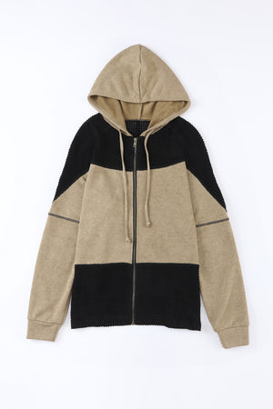 Khaki Dark Washed Patchwork Zip Up Hooded Jacket
