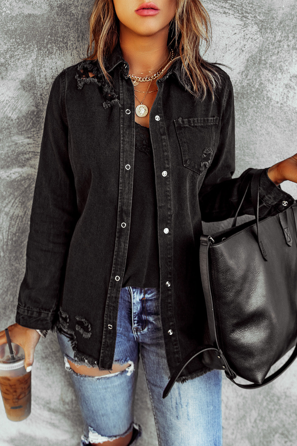 Green Casual Ripped Raw Hem Button Up Denim Shacket