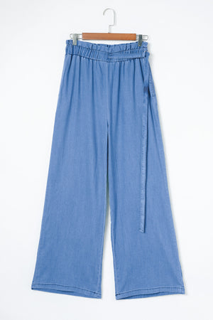 Blue High Waist Pocketed Wide Leg Tencel Jeans