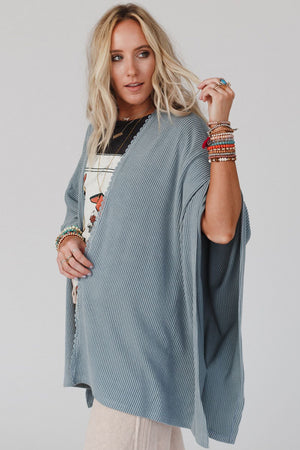 Black Textured Lace Trim Open Front Kimono Cardigan