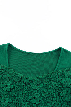Green Lace Crochet V Neck Long Sleeve Top