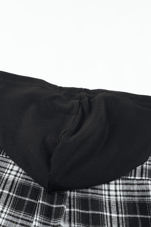 Black Plaid Drawstring Hooded Shacket