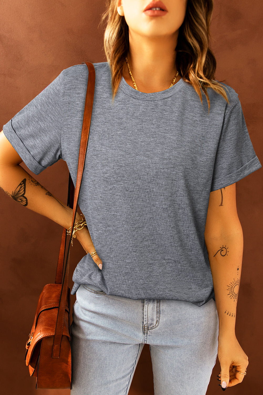 Green Plain Solid Color Crew Neck Tee