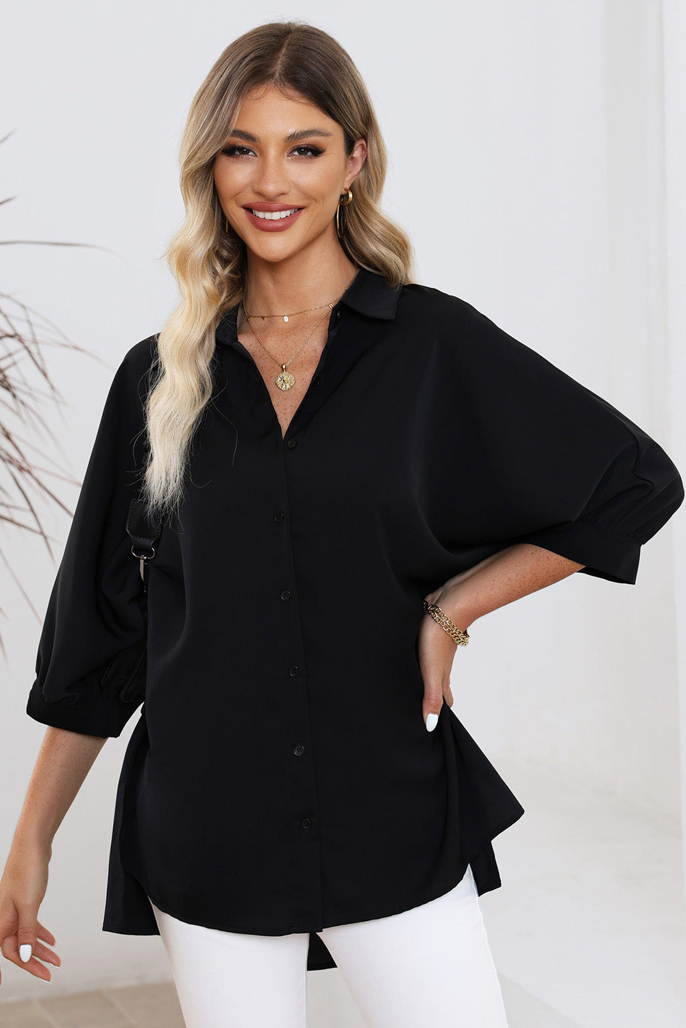 Green 3/4 Batwing Sleeve Oversize Button Up Shirt