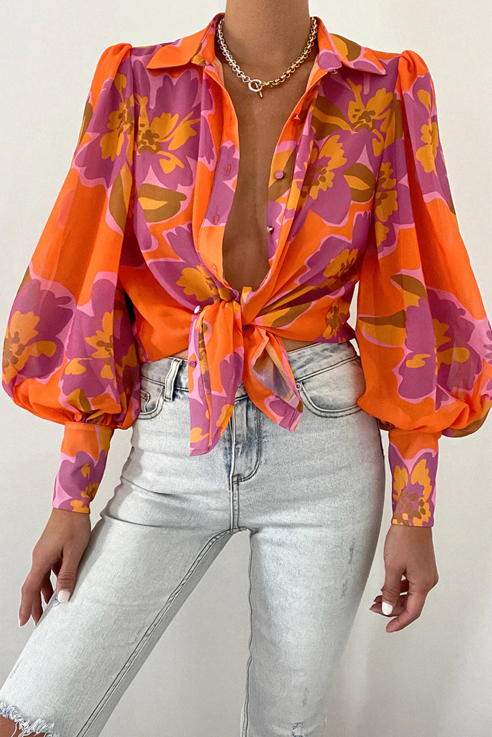 Multicolor Swirl Color Block Print Lantern Sleeve Shirt