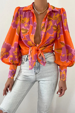 Multicolor Swirl Color Block Print Lantern Sleeve Shirt