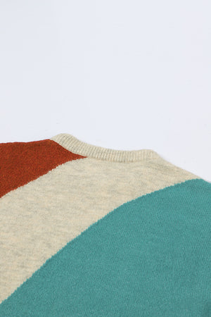 Gray Colorblock Ribbed Trim Round Neck Sweater