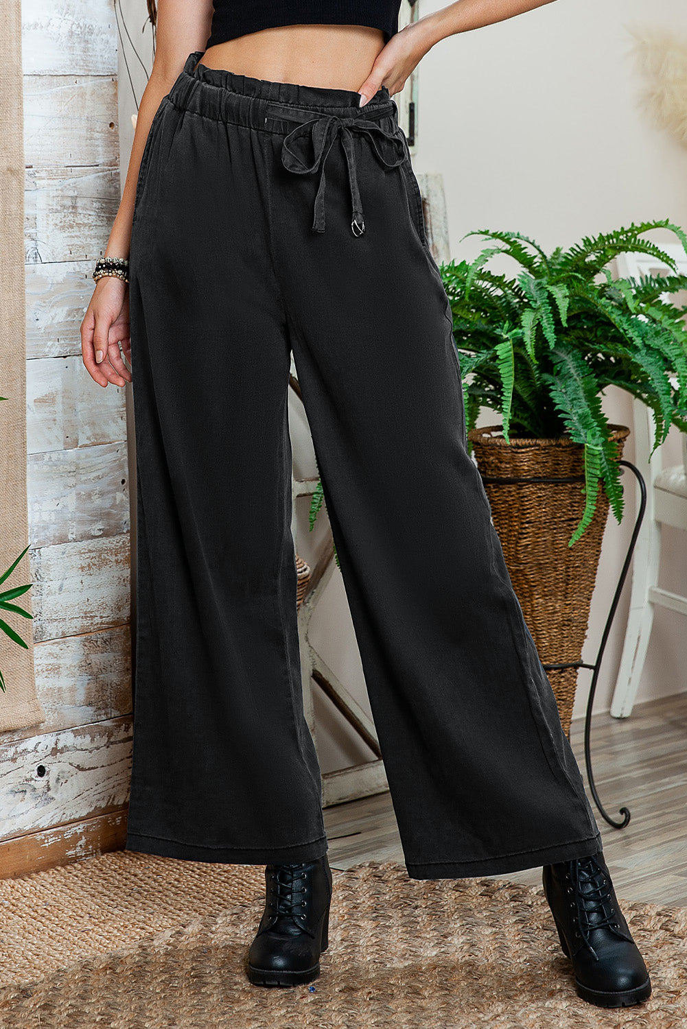 Blue High Waist Pocketed Wide Leg Tencel Jeans