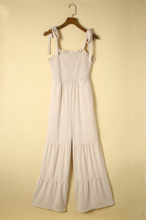 Dark Blue Tie Straps Shirred Casual Tiered Wide Leg Jumpsuit